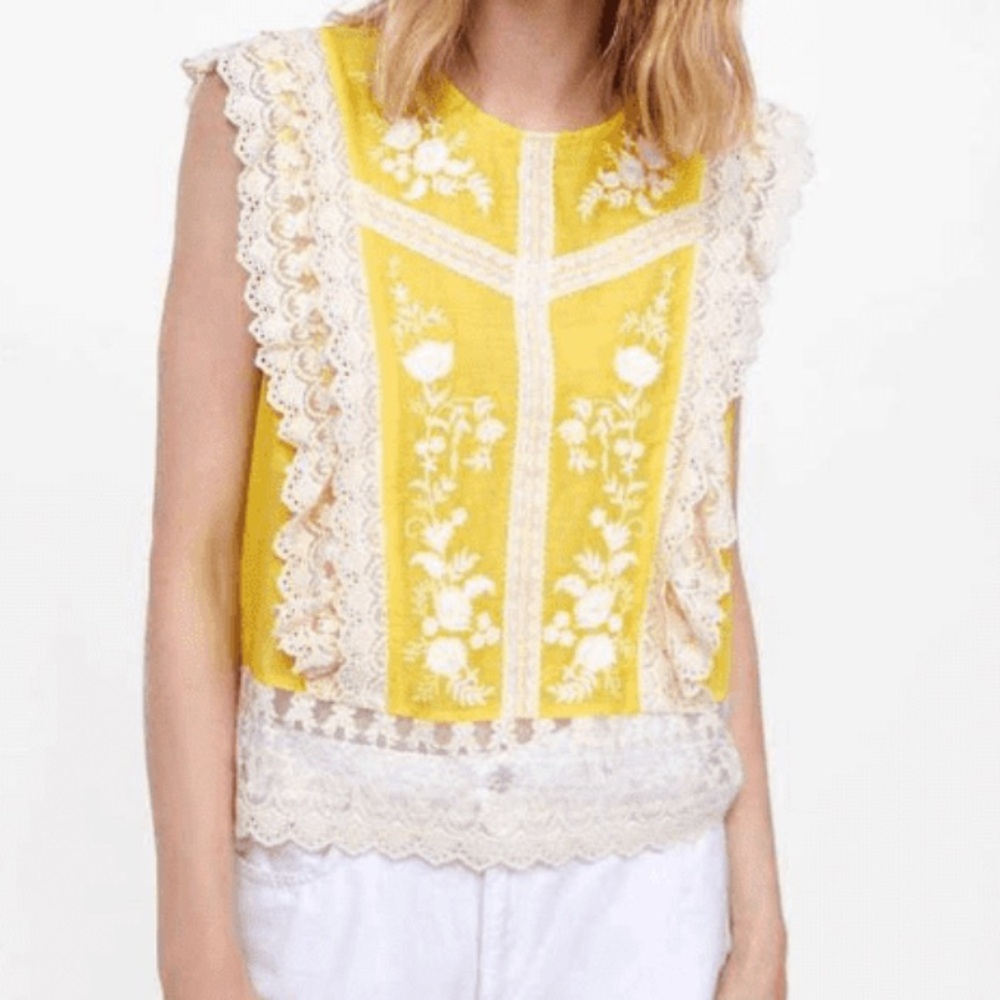 Zara Yellow Lace Trim Floral Embroidered Top